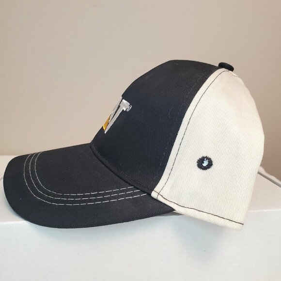 CAT Caterpillar Raised Logo Adjustable Strap Back Curve Bill Style Black Tan Hat - Picture 7 of 11